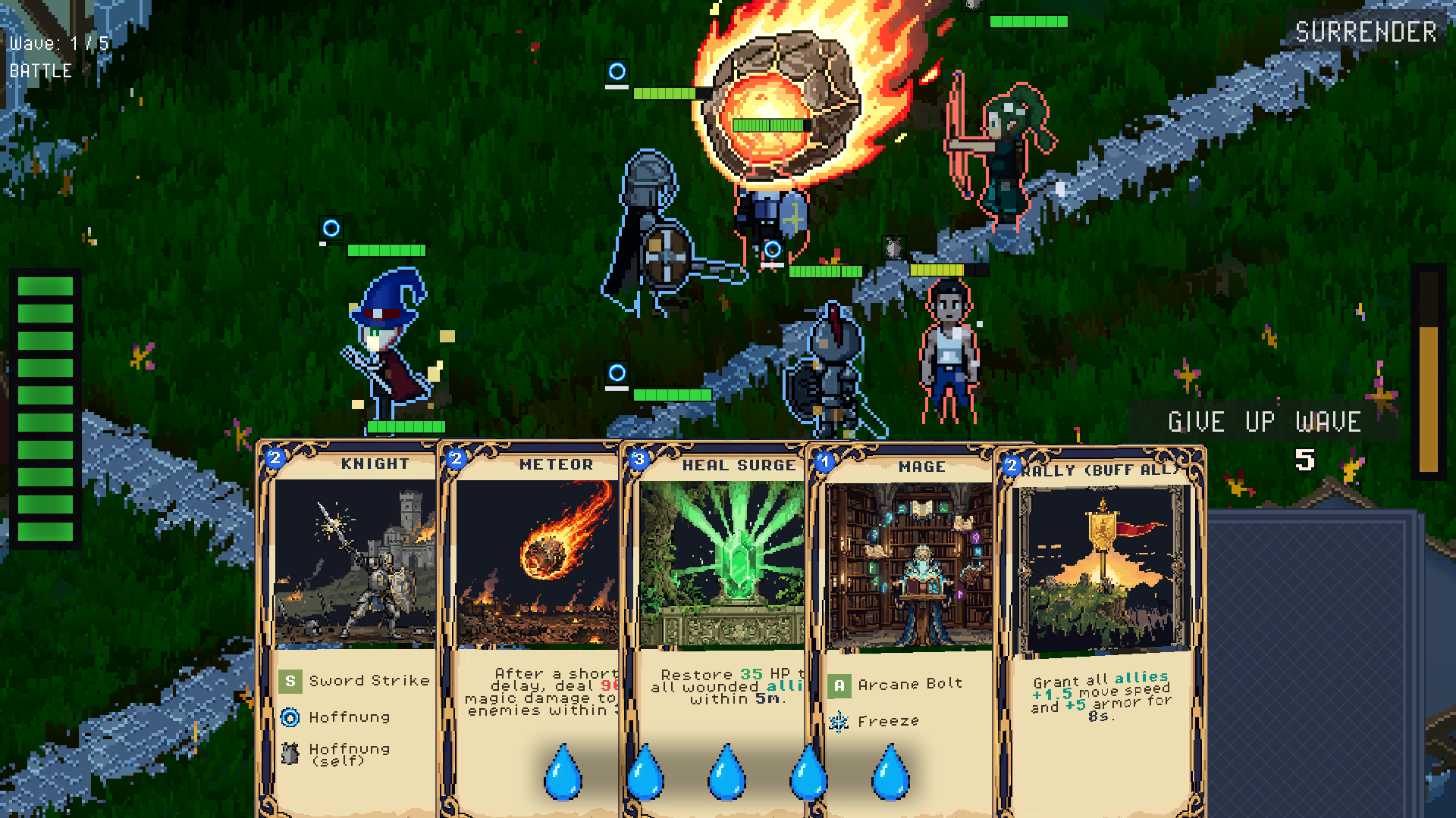 A YARAC battle: a hand of pixel-art cards fanned over the battlefield